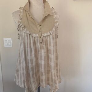 NWOT Anthropology Pilcro Beige & White Checkered Ruffle Blouse M
